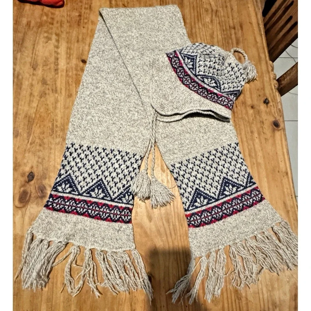 Nordic Knit Hat Scarf Set One Size Ramie Wool Lined Ear Flap Tassels Fringe